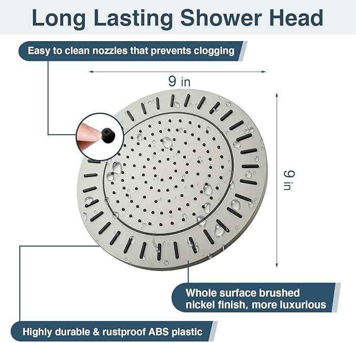 BRIGHT SHOWERS Rain Shower Head, 9 Inch High Pressure Waterfall Showerhead with Adjustable Angle and Anti-clogging Silicone Nozzles, Luxury Bathroom Overhead Shower, Brushed Nickel - Image 2
