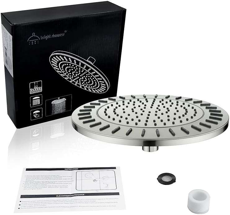 BRIGHT SHOWERS Rain Shower Head, 9 Inch High Pressure Waterfall Showerhead with Adjustable Angle and Anti-clogging Silicone Nozzles, Luxury Bathroom Overhead Shower, Brushed Nickel - Image 8