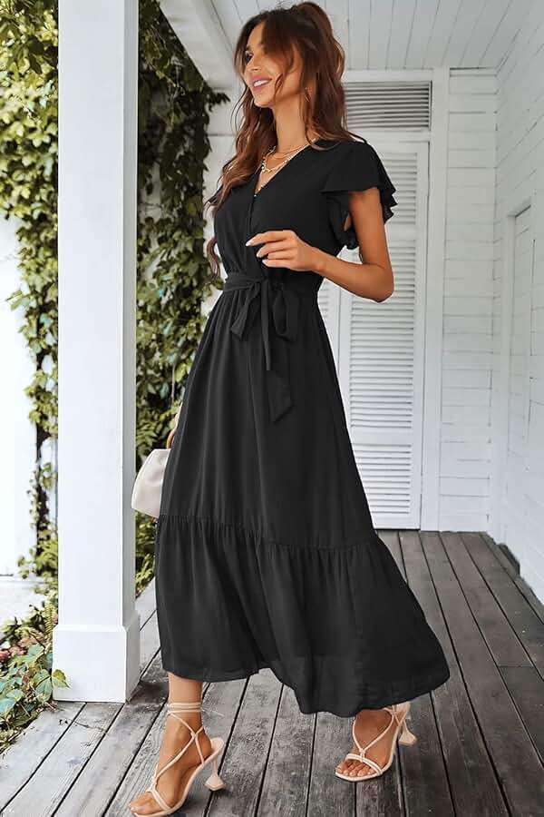 PRETTYGARDEN Women's Summer Floral Boho Maxi Dress Short Sleeve Wrap V Neck Ruffle Long Flowy Beach Wedding Guest Dresses - Image 4