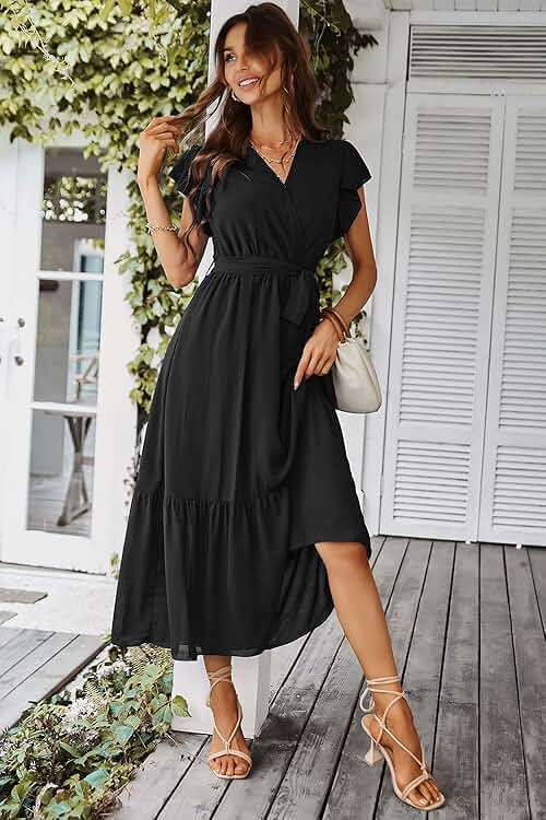 PRETTYGARDEN Women's Summer Floral Boho Maxi Dress Short Sleeve Wrap V Neck Ruffle Long Flowy Beach Wedding Guest Dresses - Image 6