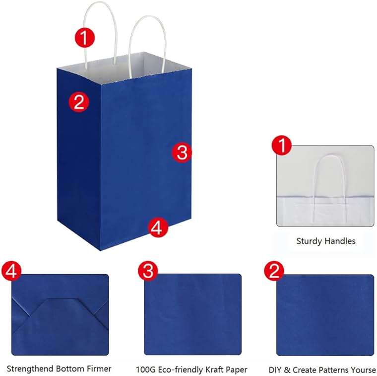 Oikss 100 Pack 5.25x3.25x8.25 Inch Small Royal Blue Kraft Paper Bags with Handles Bulk for Birthday Wedding Party Favors Grocery Retail Shopping Business Goody Craft Gift Bags Sacks (100pcs Count) - Image 3