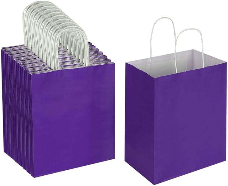 Oikss 100 Pack 8x4.75x10 Inch Medium Purple Kraft Paper Bags with Handles Bulk for Birthday Wedding Party Favors Grocery Retail Shopping Business Takeout Goody Craft Gift Bags Sacks, (100pcs Count) - Image 1