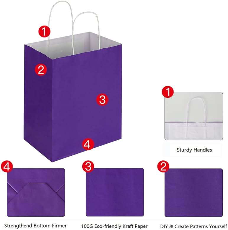 Oikss 100 Pack 8x4.75x10 Inch Medium Purple Kraft Paper Bags with Handles Bulk for Birthday Wedding Party Favors Grocery Retail Shopping Business Takeout Goody Craft Gift Bags Sacks, (100pcs Count) - Image 3