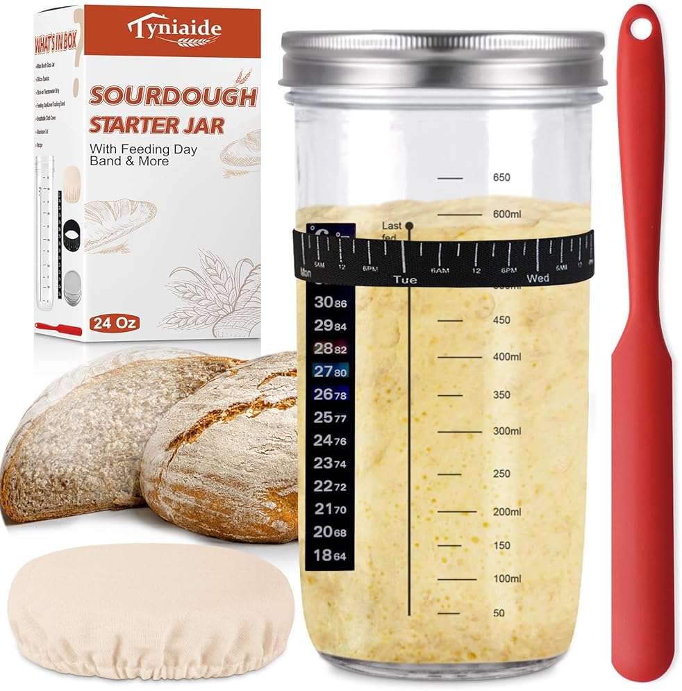 Sourdough Starter Jar Kit, 650ml Sourdough Starter Jar With Thermometer, Silicone Scraper, Cloth Cover And Aluminum Lid. Reusable Sour Dough Starter Jar - Image 1