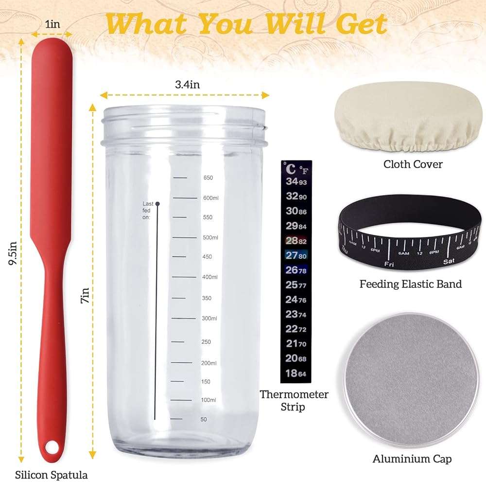 Sourdough Starter Jar Kit, 650ml Sourdough Starter Jar With Thermometer, Silicone Scraper, Cloth Cover And Aluminum Lid. Reusable Sour Dough Starter Jar - Image 2