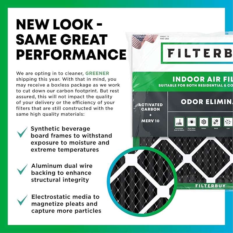 Filterbuy 20x25x1 Air Filter MERV 10 Odor & Allergy Defense with Activated Carbon (2-Pack), Electrostatic Pleated HVAC AC Furnace Filters Replacement, Made in USA (Actual Size: 19.50 x 24.50 x 0.75) - Image 3