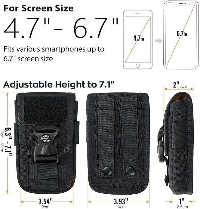 WYNEX Tactical Molle Phone Pouch with Compass Buckle, Tactical Phone Holster Molle Cell Phone Pouch Universal Belt Waist Bag for IP 15/14/13 Pro Max / S22/S21 with US Patch & Paracord Keyring Clip - Image 2