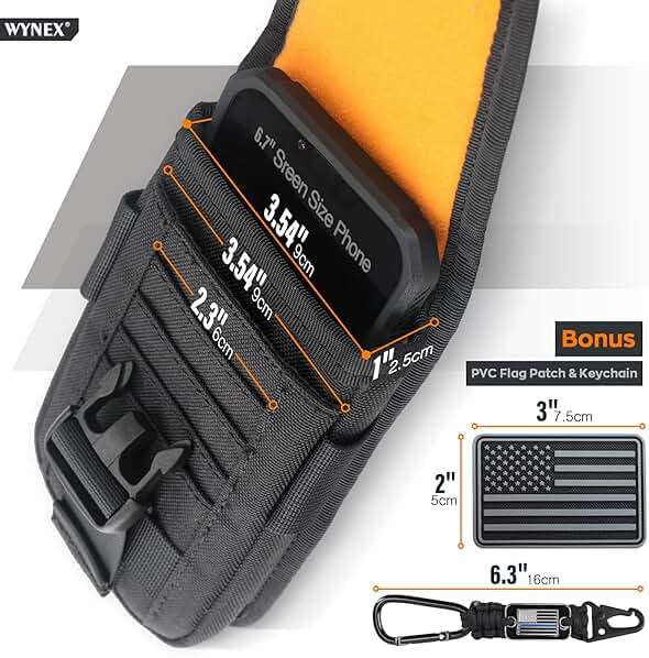 WYNEX Tactical Molle Phone Pouch with Compass Buckle, Tactical Phone Holster Molle Cell Phone Pouch Universal Belt Waist Bag for IP 15/14/13 Pro Max / S22/S21 with US Patch & Paracord Keyring Clip - Image 4