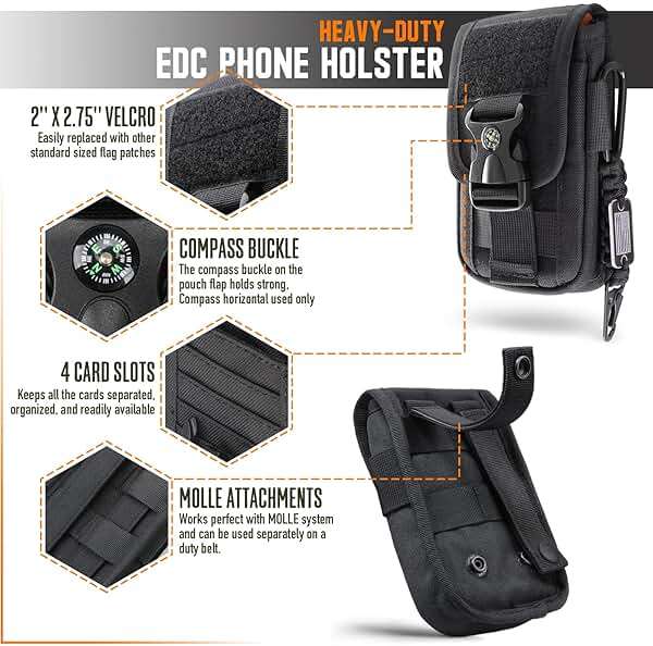WYNEX Tactical Molle Phone Pouch with Compass Buckle, Tactical Phone Holster Molle Cell Phone Pouch Universal Belt Waist Bag for IP 15/14/13 Pro Max / S22/S21 with US Patch & Paracord Keyring Clip - Image 7