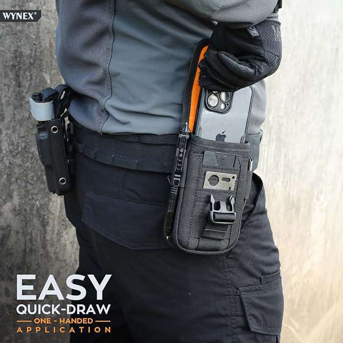 WYNEX Tactical Molle Phone Pouch with Compass Buckle, Tactical Phone Holster Molle Cell Phone Pouch Universal Belt Waist Bag for IP 15/14/13 Pro Max / S22/S21 with US Patch & Paracord Keyring Clip - Image 8