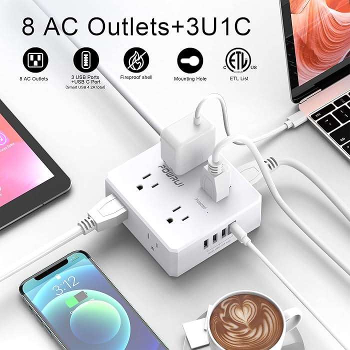 Surge Protector Power Strip - 6 Ft Flat Plug Extension Cord with 8 Widely Outlets and 4 USB Ports(1 USB C), 3 Side Outlet Extender for Home Office, White, ETL Listed - Image 2