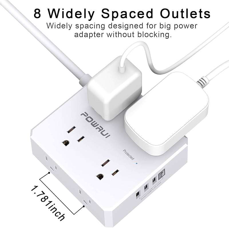 Surge Protector Power Strip - 6 Ft Flat Plug Extension Cord with 8 Widely Outlets and 4 USB Ports(1 USB C), 3 Side Outlet Extender for Home Office, White, ETL Listed - Image 6