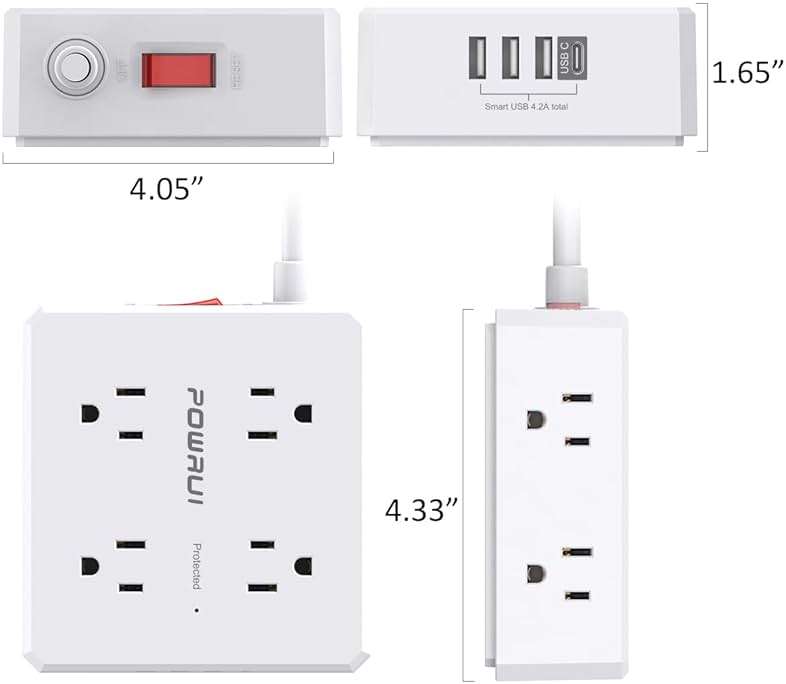 Surge Protector Power Strip - 6 Ft Flat Plug Extension Cord with 8 Widely Outlets and 4 USB Ports(1 USB C), 3 Side Outlet Extender for Home Office, White, ETL Listed - Image 7