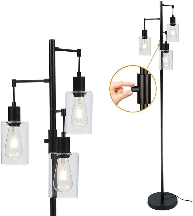 Liylan 3 Lights Floor Lamp, Industrial Tree Lamp for Living Room Bedroom, Black Modern Dimmable Farmhouse Standing Lamp, Tall Pole with Clear Glass Shade - Image 1