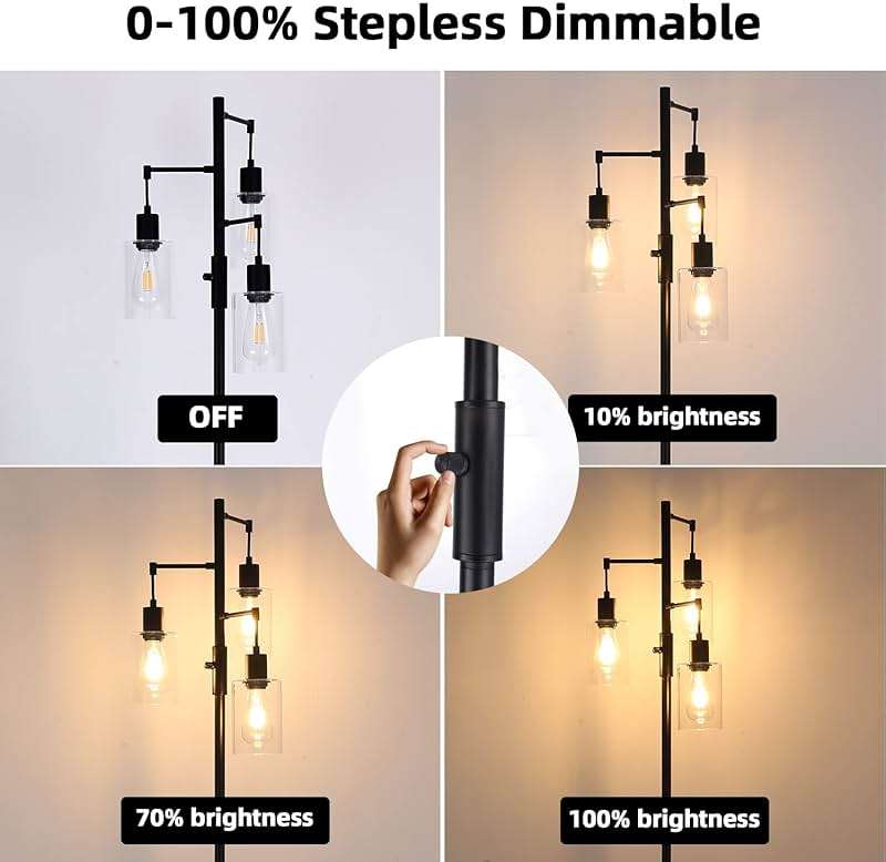 Liylan 3 Lights Floor Lamp, Industrial Tree Lamp for Living Room Bedroom, Black Modern Dimmable Farmhouse Standing Lamp, Tall Pole with Clear Glass Shade - Image 2