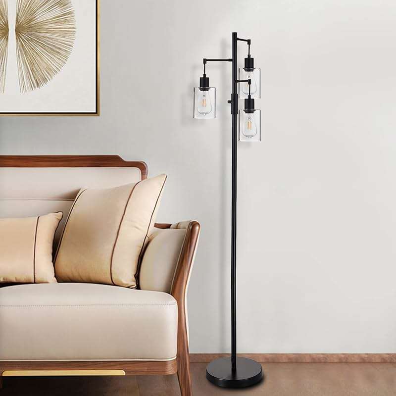 Liylan 3 Lights Floor Lamp, Industrial Tree Lamp for Living Room Bedroom, Black Modern Dimmable Farmhouse Standing Lamp, Tall Pole with Clear Glass Shade - Image 4
