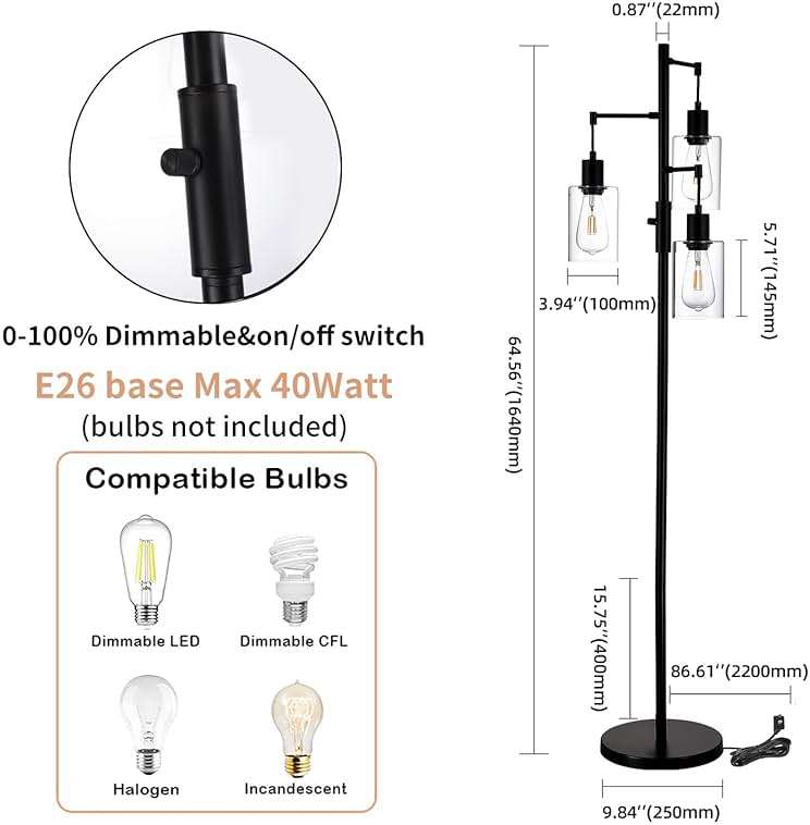 Liylan 3 Lights Floor Lamp, Industrial Tree Lamp for Living Room Bedroom, Black Modern Dimmable Farmhouse Standing Lamp, Tall Pole with Clear Glass Shade - Image 5