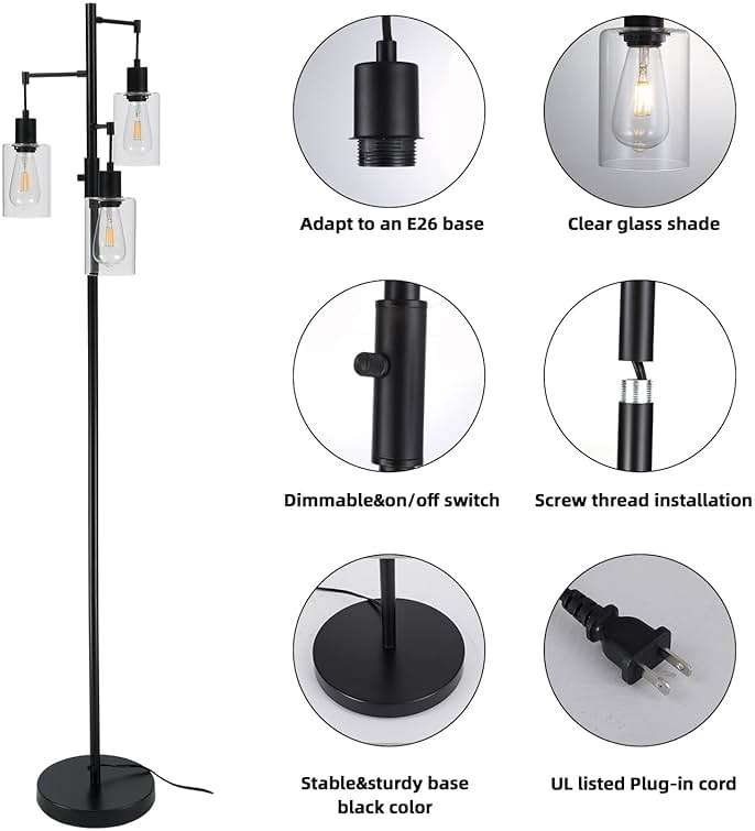 Liylan 3 Lights Floor Lamp, Industrial Tree Lamp for Living Room Bedroom, Black Modern Dimmable Farmhouse Standing Lamp, Tall Pole with Clear Glass Shade - Image 6