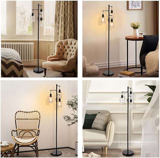 Liylan 3 Lights Floor Lamp, Industrial Tree Lamp for Living Room Bedroom, Black Modern Dimmable Farmhouse Standing Lamp, Tall Pole with Clear Glass Shade - Image 7