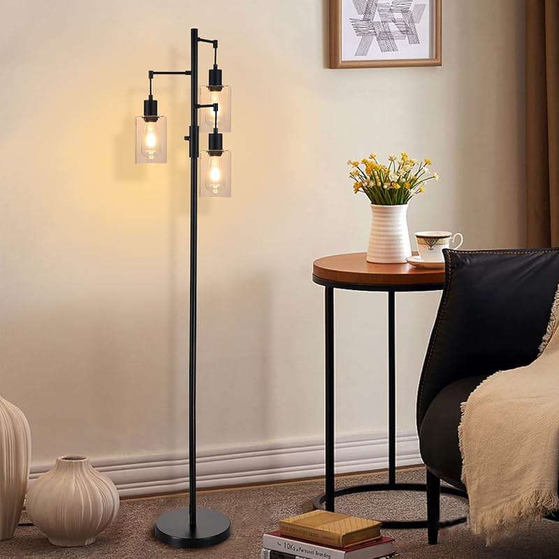 Liylan 3 Lights Floor Lamp, Industrial Tree Lamp for Living Room Bedroom, Black Modern Dimmable Farmhouse Standing Lamp, Tall Pole with Clear Glass Shade - Image 8