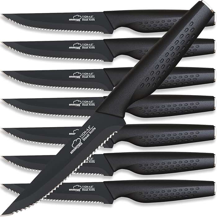 Amorston Steak Knives, Steak Knives Set of 8, Stainless Steel Steak Knife Set, Serrated Knives Dishwasher Safe, Elegant Black Mothers Day Gifts for Women - Image 2