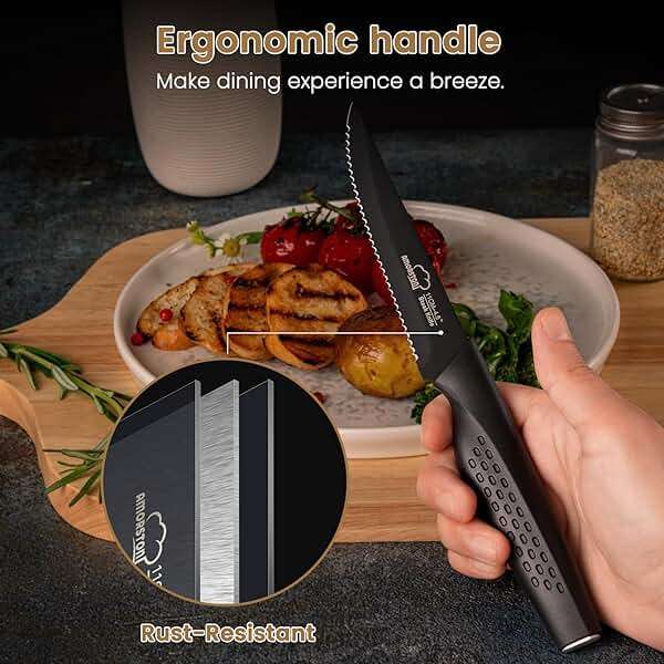 Amorston Steak Knives, Steak Knives Set of 8, Stainless Steel Steak Knife Set, Serrated Knives Dishwasher Safe, Elegant Black Mothers Day Gifts for Women - Image 5