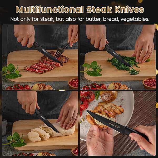 Amorston Steak Knives, Steak Knives Set of 8, Stainless Steel Steak Knife Set, Serrated Knives Dishwasher Safe, Elegant Black Mothers Day Gifts for Women - Image 7