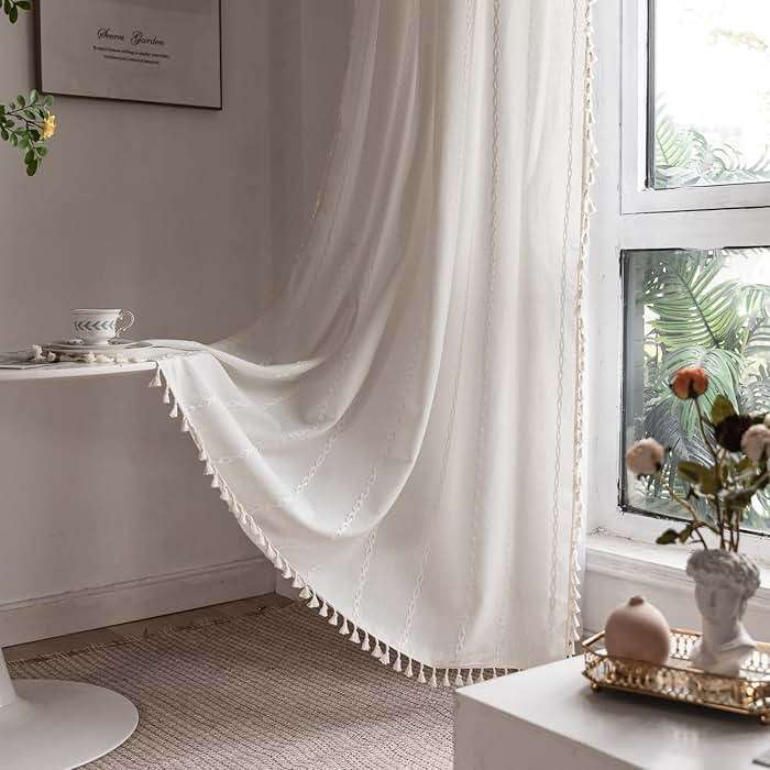 BCLBUSTE Boho Curtains Semi-Blackout 84 Inch 2 Panels for Living Room, Linen Tassels Farmhouse Curtains with Embroidery for Bedroom Rod Pocket Draperies 52" W x 84" L, Off White - Image 2