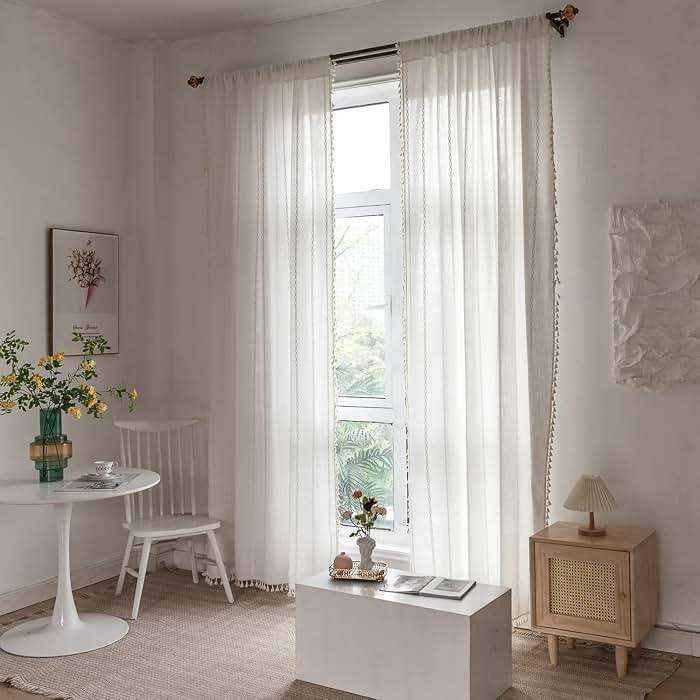 BCLBUSTE Boho Curtains Semi-Blackout 84 Inch 2 Panels for Living Room, Linen Tassels Farmhouse Curtains with Embroidery for Bedroom Rod Pocket Draperies 52" W x 84" L, Off White - Image 3