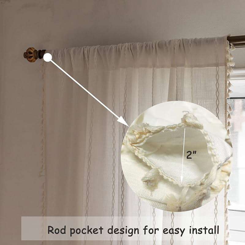 BCLBUSTE Boho Curtains Semi-Blackout 84 Inch 2 Panels for Living Room, Linen Tassels Farmhouse Curtains with Embroidery for Bedroom Rod Pocket Draperies 52" W x 84" L, Off White - Image 5