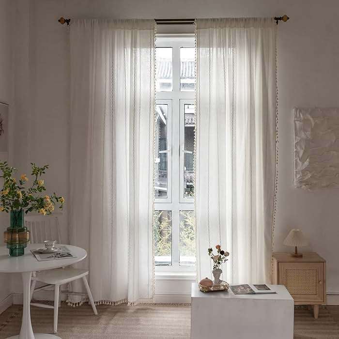 BCLBUSTE Boho Curtains Semi-Blackout 84 Inch 2 Panels for Living Room, Linen Tassels Farmhouse Curtains with Embroidery for Bedroom Rod Pocket Draperies 52" W x 84" L, Off White - Image 8