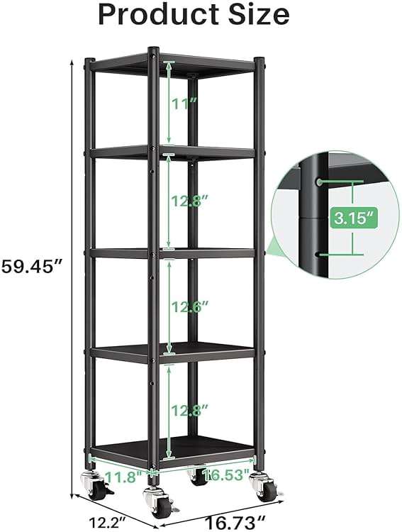 PXRACK 5-Tier Kitchen Storage Shelves, Adjustable Metal Shelves for Storage Pantry Shelves with Rolling Wheels, Storage Rack Shelving Unit Organizer for Bedroom Laundry Closet - Image 2