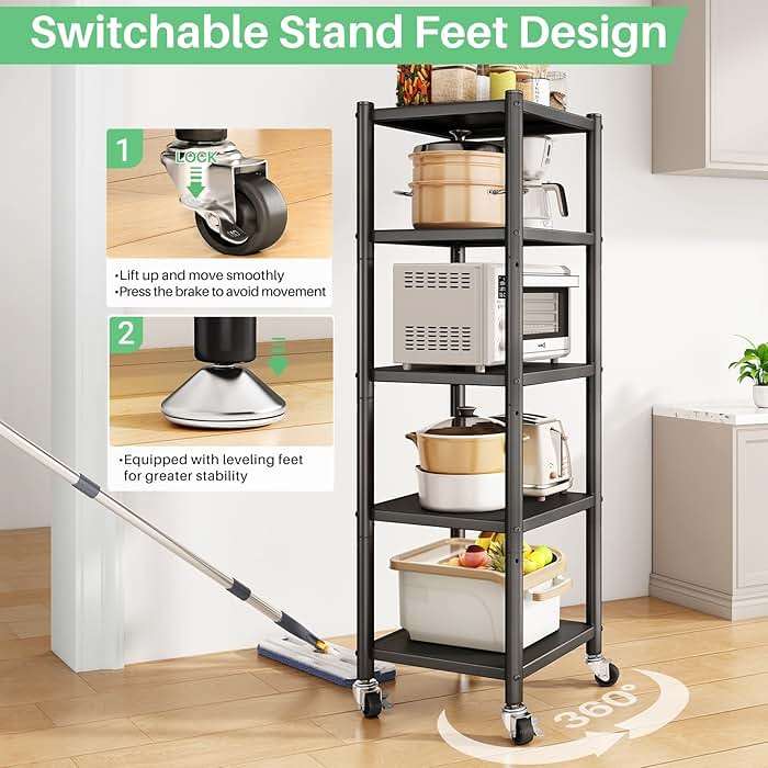 PXRACK 5-Tier Kitchen Storage Shelves, Adjustable Metal Shelves for Storage Pantry Shelves with Rolling Wheels, Storage Rack Shelving Unit Organizer for Bedroom Laundry Closet - Image 6