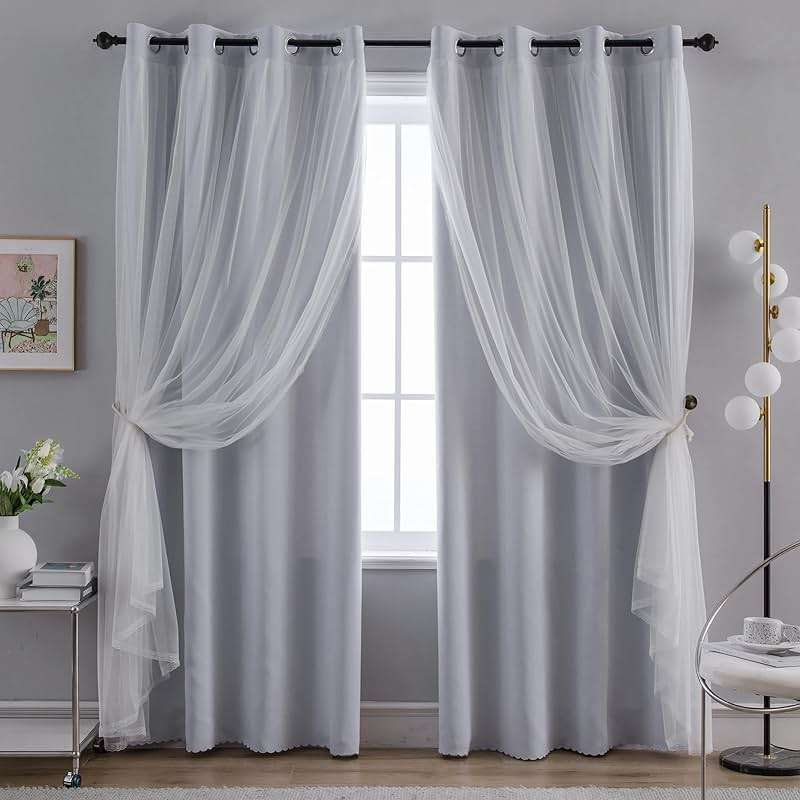 Anytime Home Curtains Blackout and Sheer Layered Solid Window Curtain Panel Pair with Grommet Top, 52Wx63L,Greyish White - Image 1