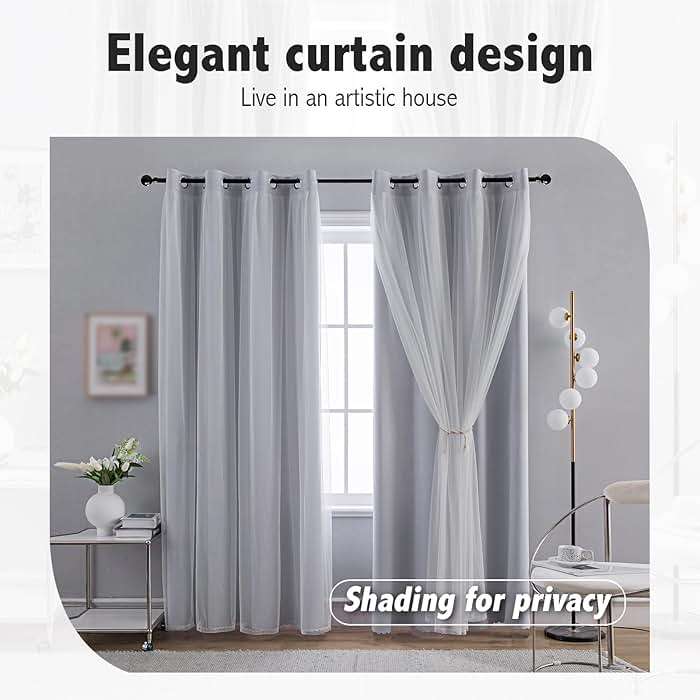 Anytime Home Curtains Blackout and Sheer Layered Solid Window Curtain Panel Pair with Grommet Top, 52Wx63L,Greyish White - Image 8