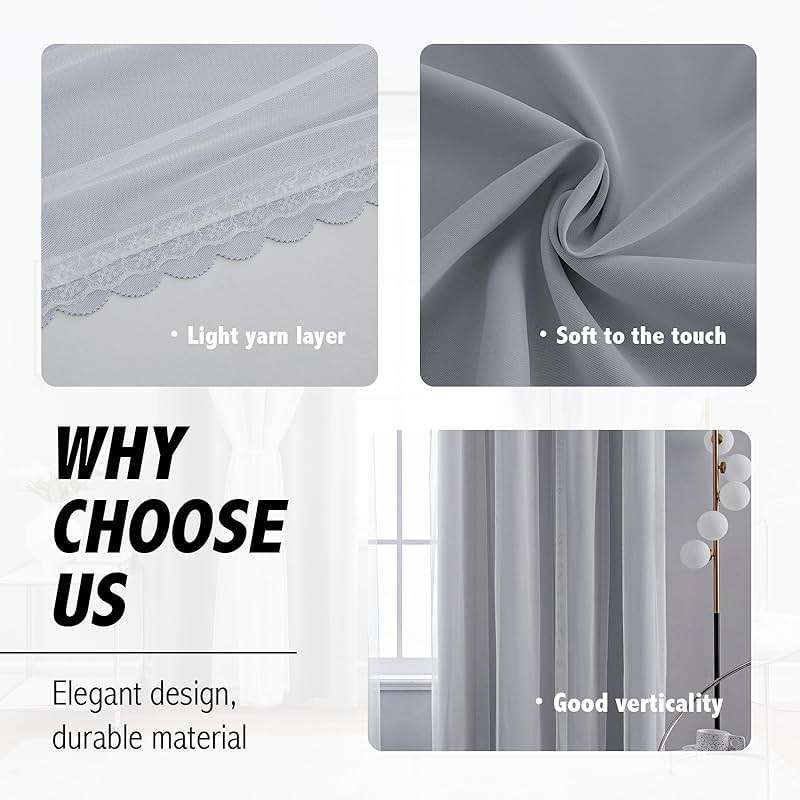 Anytime Home Curtains Blackout and Sheer Layered Solid Window Curtain Panel Pair with Grommet Top, 52Wx63L,Greyish White - Image 9