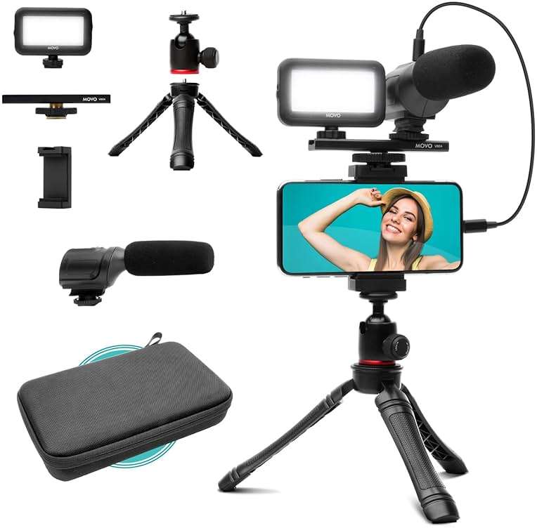 Movo uVlogger- Android/USB-C Compatible Vlogging Kit Smartphone Video Kit Accessories: Tripod, Mount, LED Light and Cellphone Shotgun Microphone for Video Recording for YouTube, Vlog - Image 1