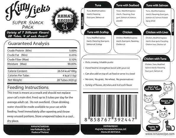 Rena's Recipe Kitty Licks Lickable Cat Treats Variety Pack, 28 Tubes | Creamy purée cat treats in 7 delicious flavors, including tuna and chicken. - Image 2