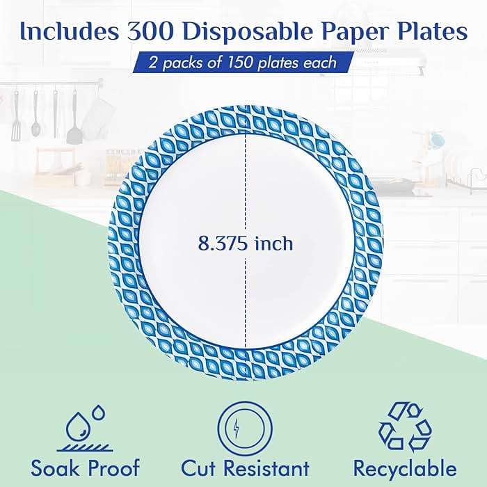 MUCHII 8.375 Inch Disposable Paper Plates, 300 Count Soak and Cut Proof Printed Paper Plates for Daily Use, Holiday for Family Gatherings, Parties, Picnic - Image 3