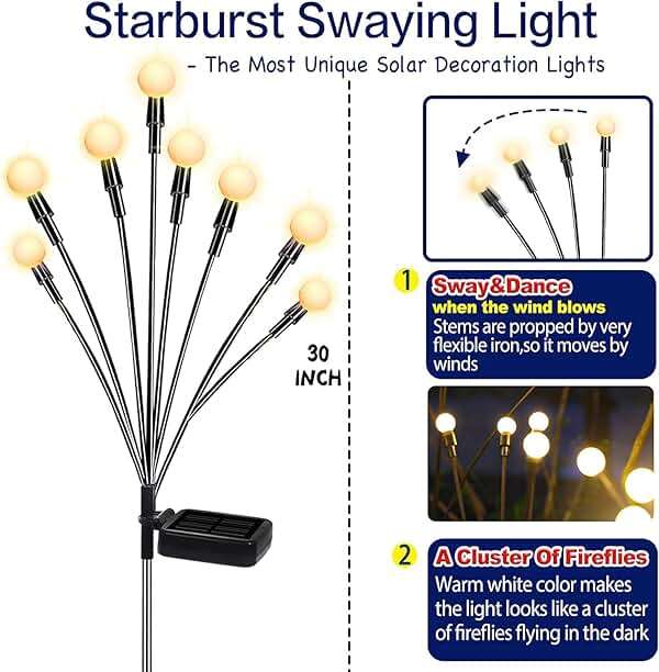 TONULAX Solar Garden Lights - Upgraded Solar Swaying Light, Sway by Wind, Outdoor Lights, Yard Patio Pathway Decoration, High Flexibility Iron Wire & Heavy Bulb Base, Warm White (4 Pack) - Image 2