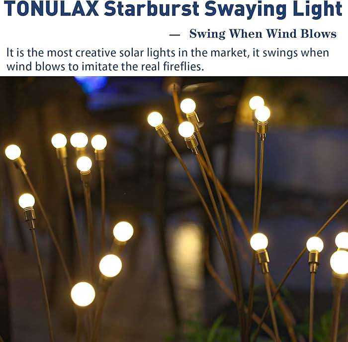 TONULAX Solar Garden Lights - Upgraded Solar Swaying Light, Sway by Wind, Outdoor Lights, Yard Patio Pathway Decoration, High Flexibility Iron Wire & Heavy Bulb Base, Warm White (4 Pack) - Image 6