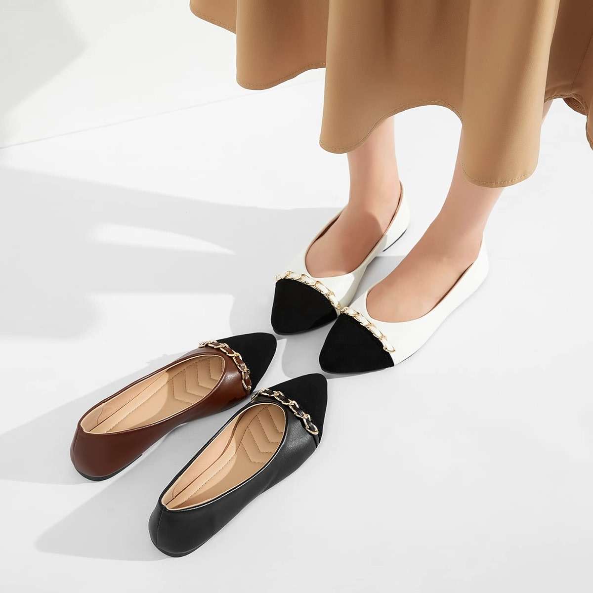 BABUDOG Women's Black Flats Shoes,White Dress Shoes for Women,Crimping Faux Suede Ballet Flats Comfortable - Image 3