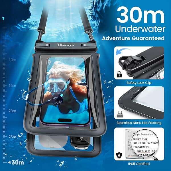 Niveaya IPX8 Double Space Waterproof Phone Pouch (up to 8.3") -2 Pack Waterproof Phone Case with Lanyard for iPhone 17 16 15 Pro Max,Touchscreen & Underwater Photography, Beach Cruise Essentials 2026 - Image 2