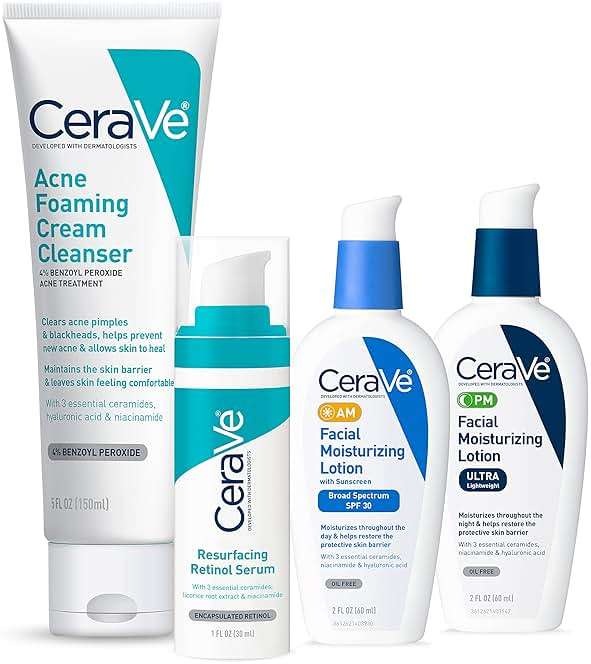 CeraVe Acne Skin Care Set, 5oz Acne Foaming Cream Cleanser + 1oz Resurfacing Retinol Serum + 2oz AM Facial Moisturizing Lotion with SPF 30 + 2oz PM Facial Moisturizing Lotion - Image 1
