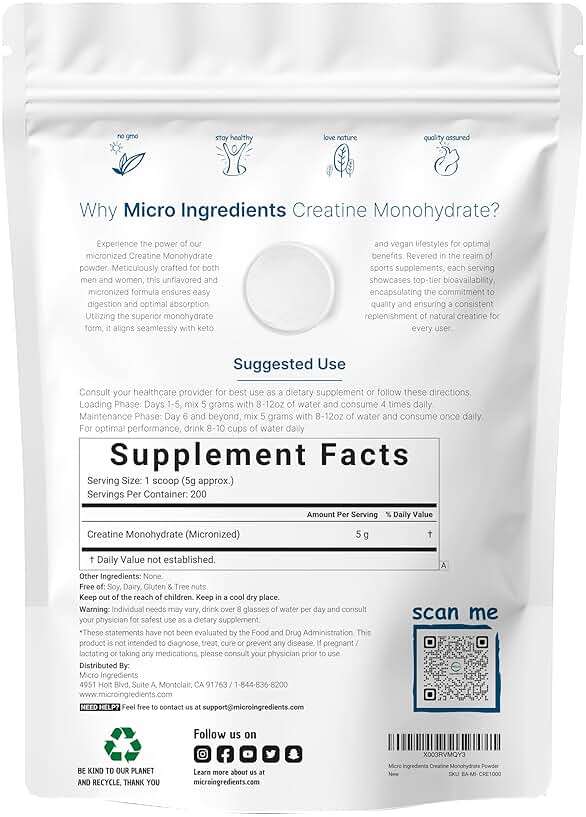 Micro Ingredients Creatine Monohydrate Powder 1 kg (2.2 Lbs), 5000mg Per Serv, Micronized Creatine Powder, Unflavored, No Filler, Keto & Vegan, Easy Dissolve, Pre Workout for Women & Men* - Image 2