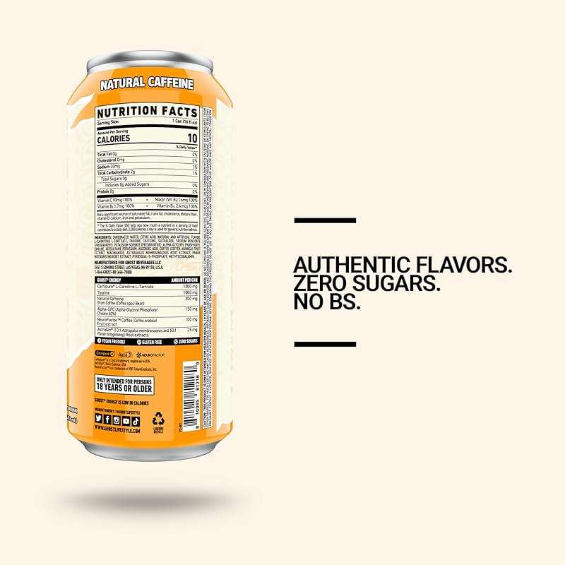 GHOST Energy Drink - 12-Pack, Orange Cream, 16oz Cans - Energy & Focus & No Artificial Colors - 200mg of Natural Caffeine, L-Carnitine & Taurine - Gluten-Free & Vegan - Image 3