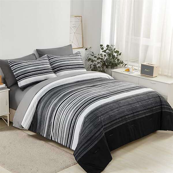 KAKIJUMN 7 Piece Bed in a Bag Stripe Comforter Set Queen Size, White Grey Black Patchwork Striped Comforter and Sheet Set, All Season Soft Microfiber Complete Bedding Sets(Grey,Queen) - Image 1
