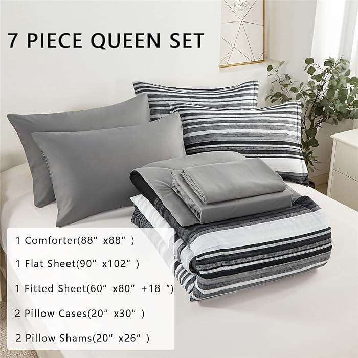 KAKIJUMN 7 Piece Bed in a Bag Stripe Comforter Set Queen Size, White Grey Black Patchwork Striped Comforter and Sheet Set, All Season Soft Microfiber Complete Bedding Sets(Grey,Queen) - Image 2