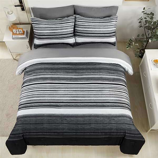 KAKIJUMN 7 Piece Bed in a Bag Stripe Comforter Set Queen Size, White Grey Black Patchwork Striped Comforter and Sheet Set, All Season Soft Microfiber Complete Bedding Sets(Grey,Queen) - Image 3