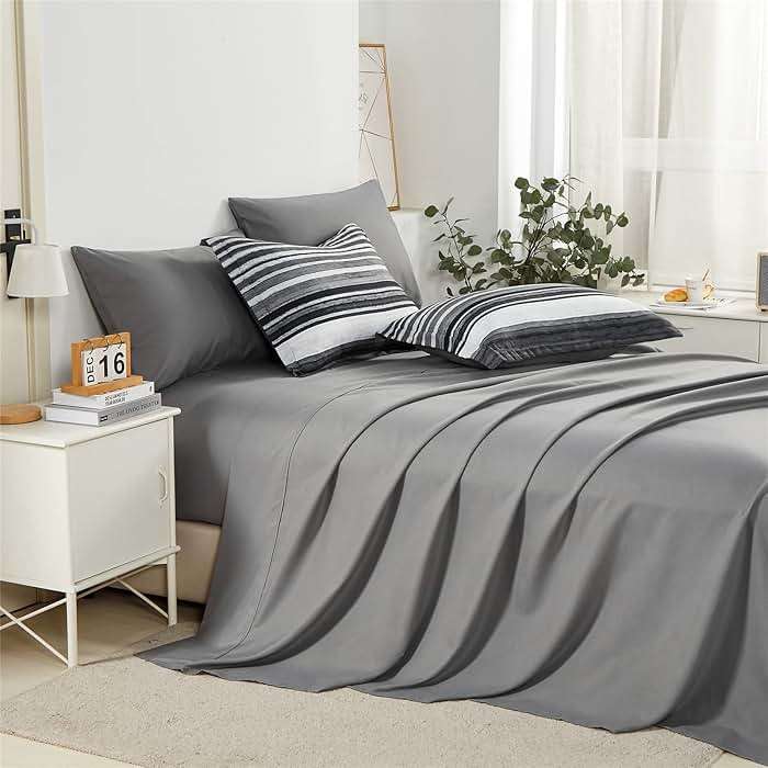 KAKIJUMN 7 Piece Bed in a Bag Stripe Comforter Set Queen Size, White Grey Black Patchwork Striped Comforter and Sheet Set, All Season Soft Microfiber Complete Bedding Sets(Grey,Queen) - Image 4
